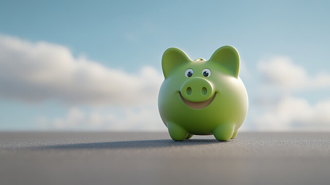 Happy Green Piggy Bank on a Sunny Day: A cheerful reminder to save money and plan for the future. A symbol of financial responsibility and growth.