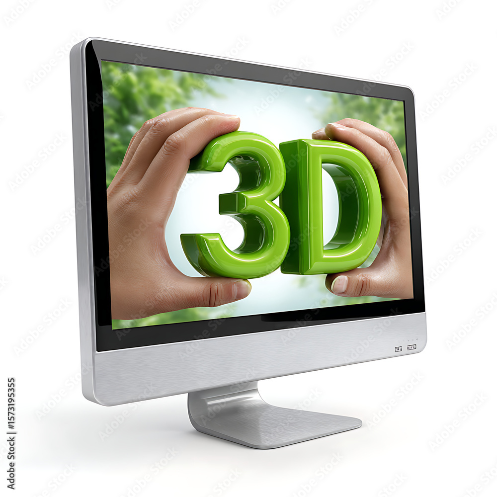 Fototapete silver computer monitor displaying bright green 3 d text held by two hands against a blurred green b