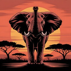 Silhouette of Triumphant Elephant with Raised Trunk and Flared Ears in Strong Stance