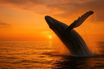 Fototapeta premium Humpback Whale Breaching at Sunset in Ocean. Generative AI.