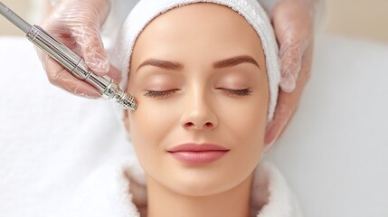 Relaxing facial procedure at a spa. The woman is having microdermabrasion to exfoliate and rejuvenate her skin. The aesthetician wears protective gloves.
