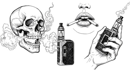 Smoking Addiction Concept Art Skull, Vape and Cigarettes