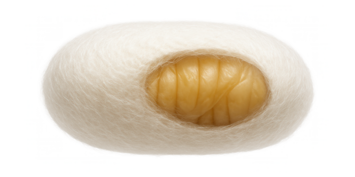 Silkworm pupa encased in a fibrous, off-white cocoon