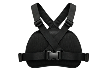 Adjustable black posture corrector brace with straps and breathable mesh panel isolated on a transparent background