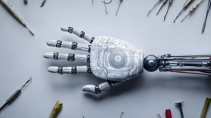 A top-down view of an intricately designed robotic structure with exposed circuits and mechanical parts, showcasing advanced engineering, cyber aesthetics, and futuristic technology in a clean studio 