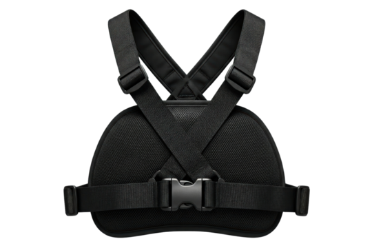 Adjustable black posture corrector brace with straps and breathable mesh panel isolated on a transparent background