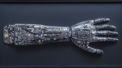 A top-down view of an intricately designed robotic structure with exposed circuits and mechanical parts, showcasing advanced engineering, cyber aesthetics, and futuristic technology in a clean studio 