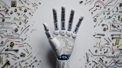 A top-down view of an intricately designed robotic structure with exposed circuits and mechanical parts, showcasing advanced engineering, cyber aesthetics, and futuristic technology in a clean studio 