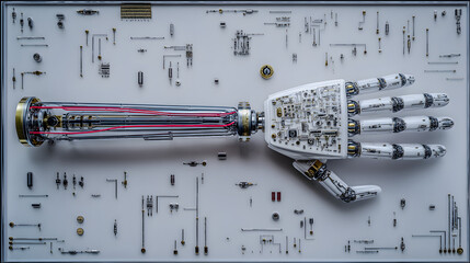 A top-down view of an intricately designed robotic structure with exposed circuits and mechanical parts, showcasing advanced engineering, cyber aesthetics, and futuristic technology in a clean studio 