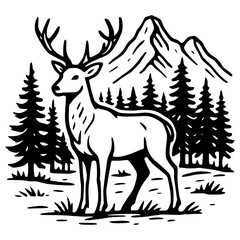 Deer silhouette in forest with mountain background, hand drawn vector, black and white line art