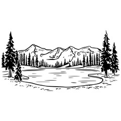 Hand drawn lake and mountain vector landscape with pine trees, black and white outdoor illustration