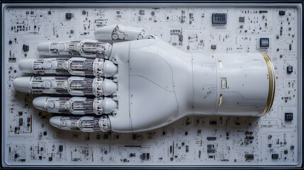 A top-down view of an intricately designed robotic structure with exposed circuits and mechanical parts, showcasing advanced engineering, cyber aesthetics, and futuristic technology in a clean studio 