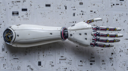 A top-down view of an intricately designed robotic structure with exposed circuits and mechanical parts, showcasing advanced engineering, cyber aesthetics, and futuristic technology in a clean studio 