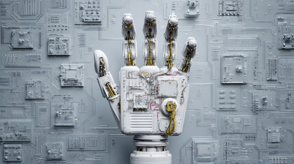 A top-down view of an intricately designed robotic structure with exposed circuits and mechanical parts, showcasing advanced engineering, cyber aesthetics, and futuristic technology in a clean studio 