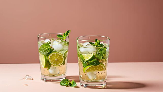 Refreshing lime mint beverage with ice melting against soft background