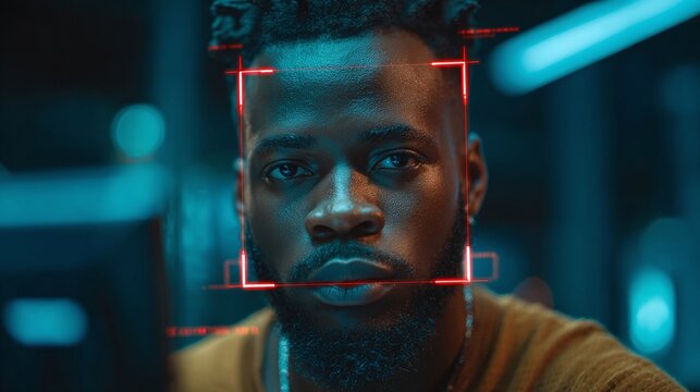 Facial Recognition: A close-up of a person's face being scanned by a red technology interface on a dark blue backdrop. Security & tech concepts. - Powered by Adobe