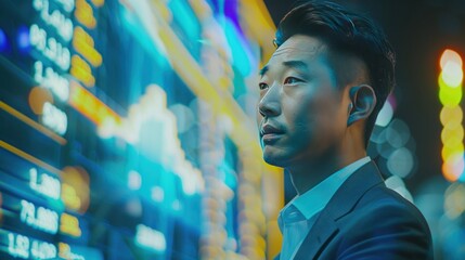 Businessman watching financial data in city at night