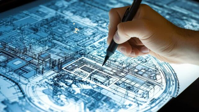 Close-up of a Hand Drawing Electrical Schematics on a Digital Screen with Blueprints