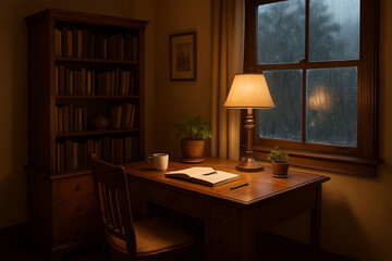 Serene Evening Study: Warm Lamplight Illuminates Cozy Wooden Desk and Bookshelves