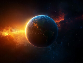Obraz premium A stunning view of Earth from outer space, with city lights sparkling across the continents and the sun rising over the horizon, bathing the planet in a warm, cosmic glow.