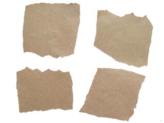 Set of torn brown recycled paper isolated on a white background. Torn paper with clipping path. Torn paper texture with wavy edges. Paper scraps for notes, for text space, advertising copy space.