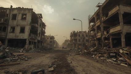 Fototapeta premium A desolate street scene shows war-torn buildings and debris, with a distant figure.