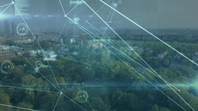 Data nodes popping over urban canopy as glowing lines forming triangle mesh showing network growth
