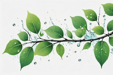 green branch and leafs with water drops,