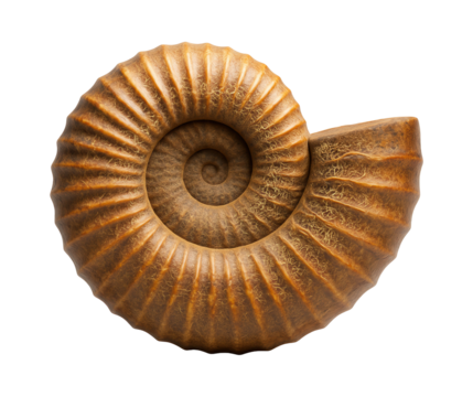 Ammonite fossil shell with ribbed spiral and suture patterns