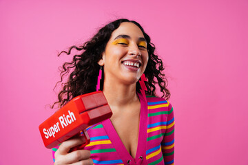 Creative studio portrait of beautiful hispanic woman with diastema