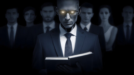 A futuristic robot in business attire with glowing blue eyes, blending corporate professionalism with advanced AI aesthetics, symbolizing the integration of artificial intelligence into modern busines
