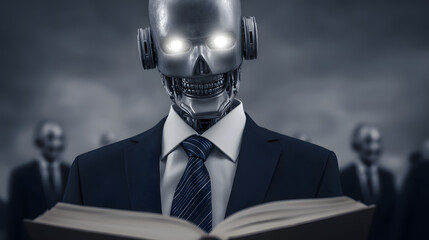 A futuristic robot in business attire with glowing blue eyes, blending corporate professionalism with advanced AI aesthetics, symbolizing the integration of artificial intelligence into modern busines