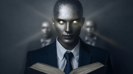 A futuristic robot in business attire with glowing blue eyes, blending corporate professionalism with advanced AI aesthetics, symbolizing the integration of artificial intelligence into modern busines