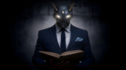 A futuristic robot in business attire with glowing blue eyes, blending corporate professionalism with advanced AI aesthetics, symbolizing the integration of artificial intelligence into modern busines