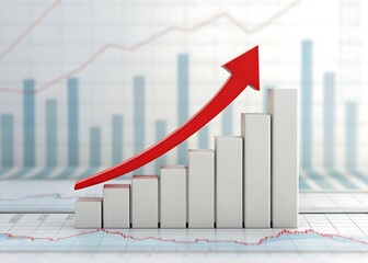 A bold red arrow ascends across a white bar graph, symbolizing business growth and financial success, set against a backdrop of financial charts and data