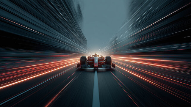 speed motion blurred glowing lines and formula one racing car