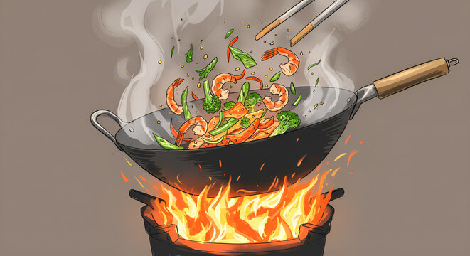 stir-fried shrimp and vegetables in wok on fire clip art preview