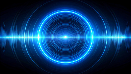 A glowing blue concentric circle with radiating wave patterns on a dark background, resembling a futuristic sound wave or energy pulse visualization.