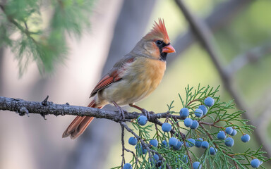 A close-up photograph of a Northern Cardinal perched on a dark brown branch with blue juniper berries .