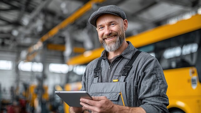 Experienced mechanic smiles, using a tablet in a vehicle repair shop. He wears overalls and a cap, surrounded by tools and yellow equipment.