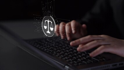 Futuristic digital law interface displaying justice scale, highlighting digital law, AI compliance,...