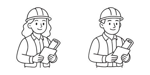 Male and female engineers wearing hard hats holding blueprints and clipboards in line drawing style