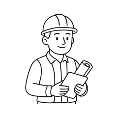 Male contractor or civil engineer in safety gear holding building plan and project file