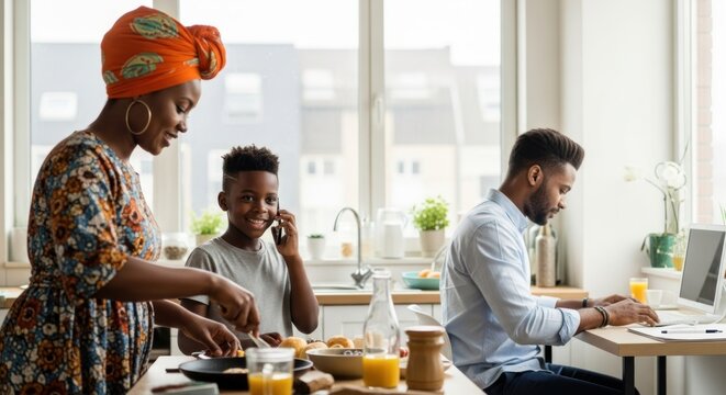 A family in their kitchen with the mother cooking, the son on the phone, and the father working on a laptop