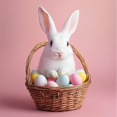 White rabbit sits in a wicker basket filled with pastel Easter eggs against a pink background