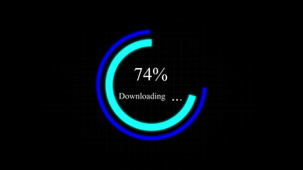 Neon style downloading progress indicator on a dark background showing seventy four percent complete