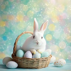 White rabbit in a wicker Easter basket filled with colorful eggs