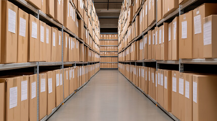 Aisle View of Boxes: A long view down an aisle of cardboard boxes in an organized and full warehouse with shelves.
