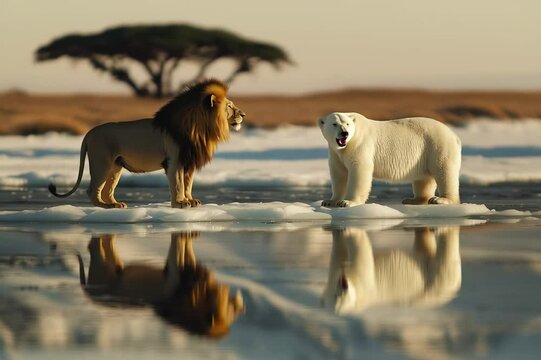 Conservation themed video depicting a lion and a polar bear together in the snow with a desert savannah in the background.