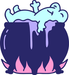 cartoon of a frog bathing in a cauldron in bright neon color